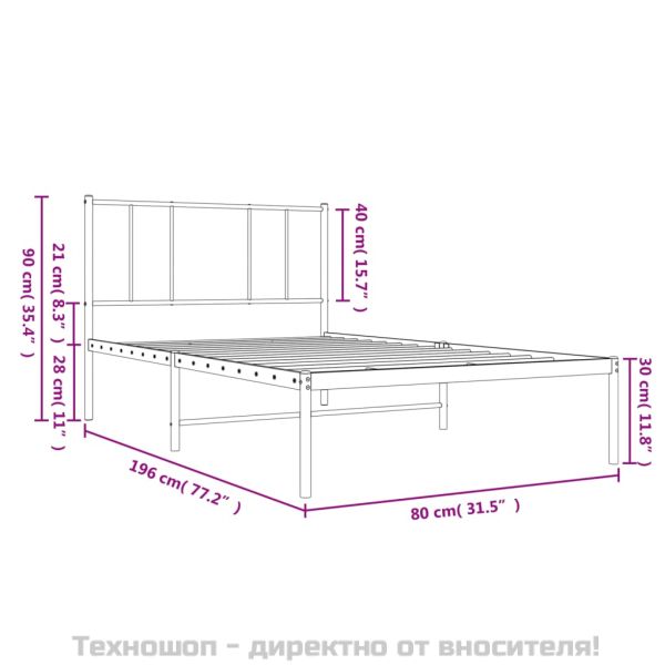 Метална рамка за легло с горна табла, черна, 75x190 см