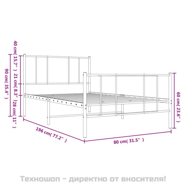 Метална рамка за легло с горна и долна табла, бяла, 75x190 см
