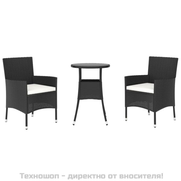 Градински бистро комплект с възглавници 3 части черен полиратан