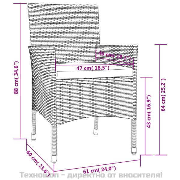 Градински бистро комплект с възглавници 3 части черен полиратан