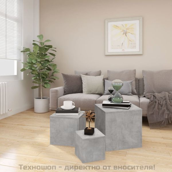 Странични маси, 3 бр, бетонно сиви, инженерно дърво