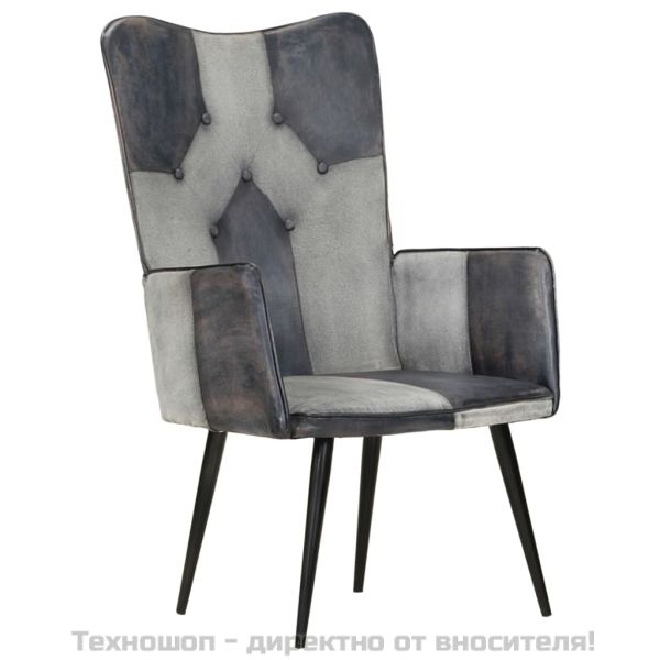 Wingback стол, сив, естествена кожа