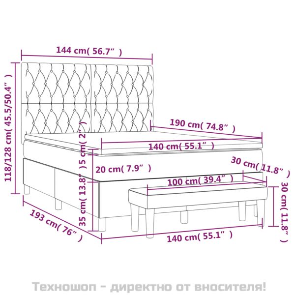 Боксспринг легло с матрак, тъмносиво, 140x190 см плат