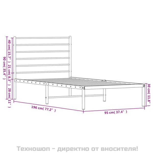 Метална рамка за легло с горна табла, черна, 90x190 см