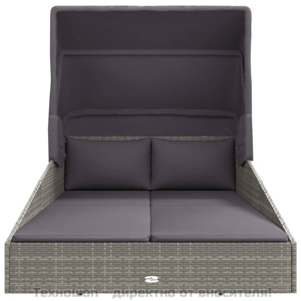 Шезлонг със сгъваем покрив, сив, 200x114x128 см, полиратан