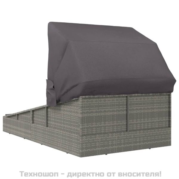 Шезлонг със сгъваем покрив, сив, 200x114x128 см, полиратан
