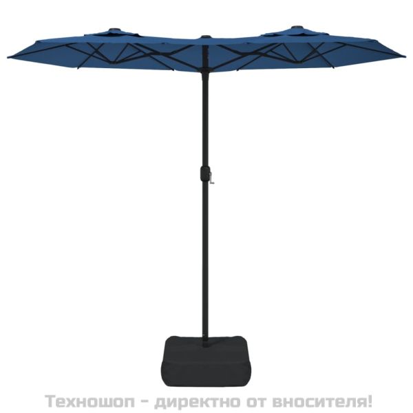 Градински чадър с двоен покрив и LED, лазурносин, 316x145 см