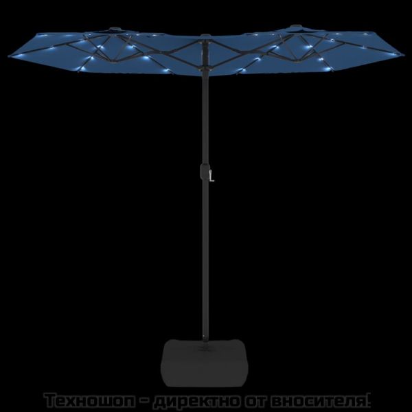 Градински чадър с двоен покрив и LED, лазурносин, 316x145 см