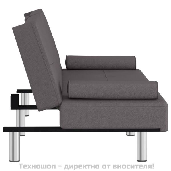 Разтегателен диван с поставки за чаши, сив, изкуствена кожа