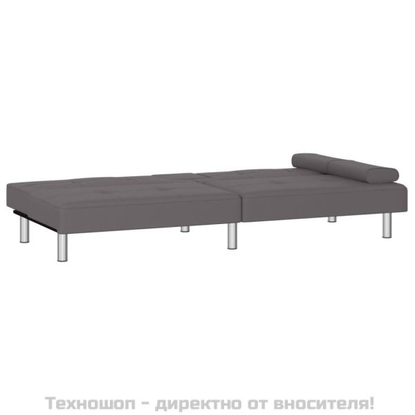 Разтегателен диван с поставки за чаши, сив, изкуствена кожа