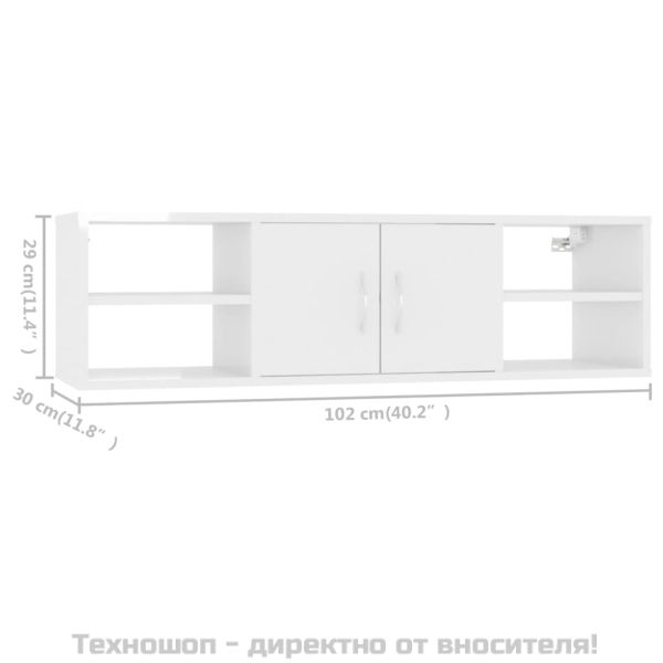 Стенен рафт, бял гланц, 102x30x29 см, инженерно дърво