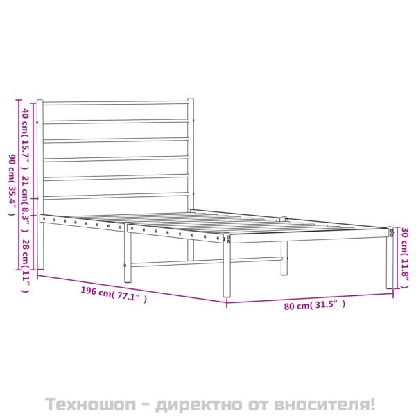 Метална рамка за легло, без матрак, с табла, бяла, 75x190 см