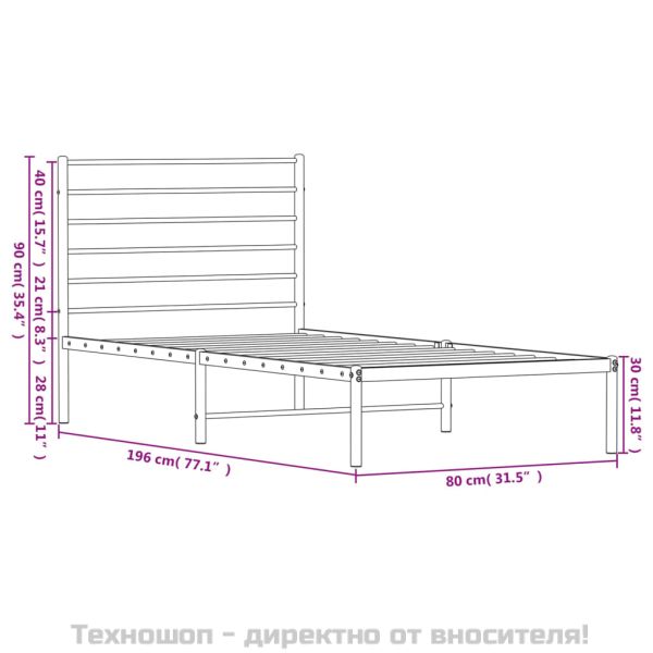 Метална рамка за легло с горна табла, черна, 75x190 см