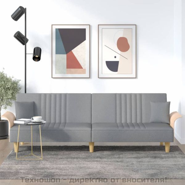 Разтегателно канапе с подлакътници, светлосиво, плат