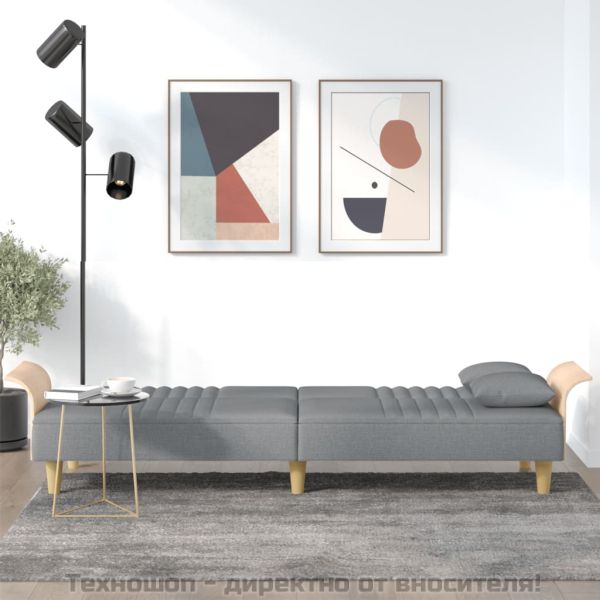 Разтегателно канапе с подлакътници, светлосиво, плат