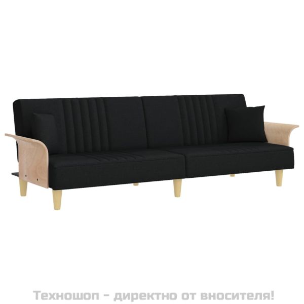 Разтегателен диван с подлакътници, черен, плат