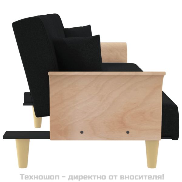 Разтегателен диван с подлакътници, черен, плат