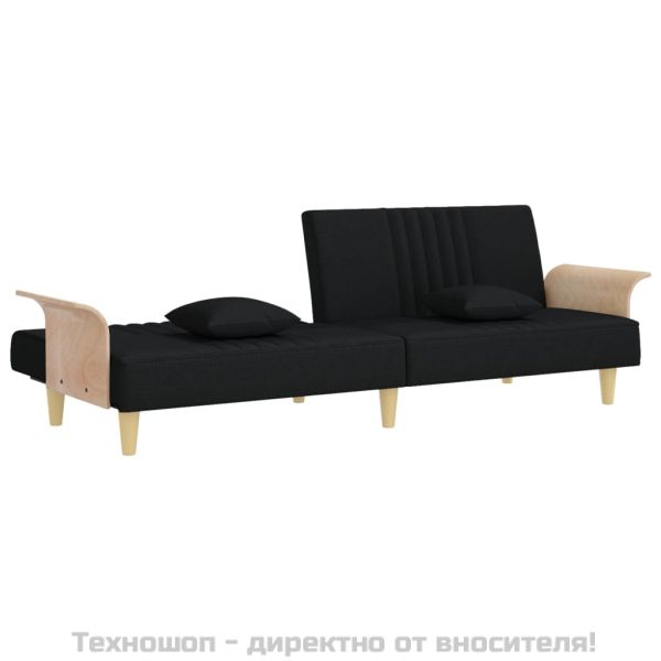 Разтегателен диван с подлакътници, черен, плат