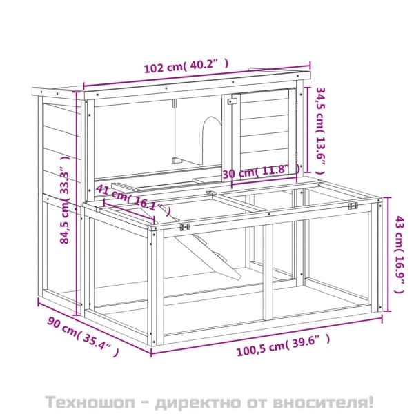 Клетка за зайци кафява 102x90x84,5 см борово дърво масив
