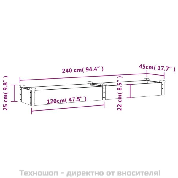 Градинска повдигната леха с вложка кафяв 240x45x25 см ела масив