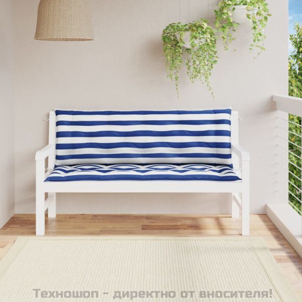 Възглавници за външни пейки 2 бр синьо-бели 150x50x7 см плат