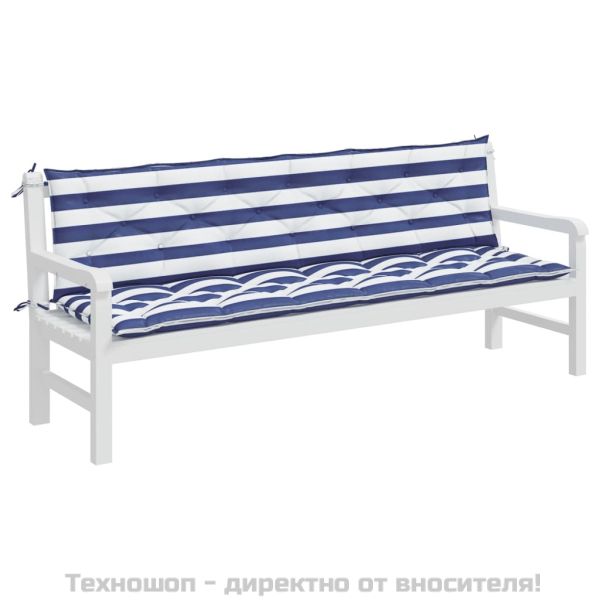 Възглавници за външни пейки 2 бр синьо-бели 200x50x7 см плат