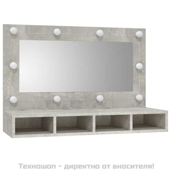 Огледален шкаф с LED, бетонно сив, 90x31,5x62 см