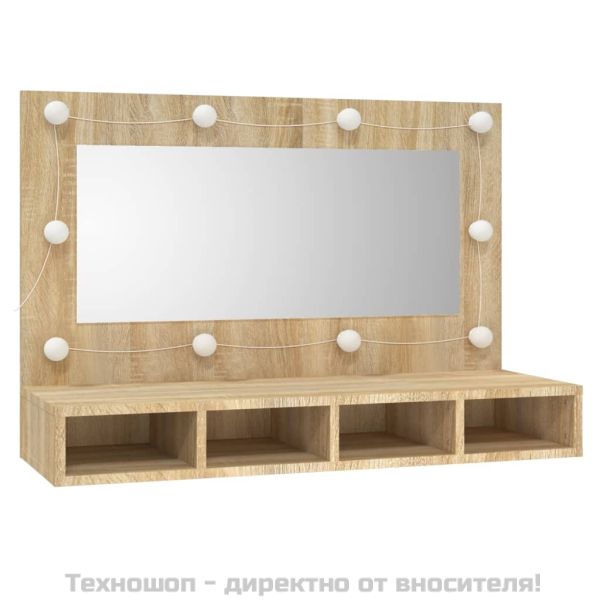 Огледален шкаф с LED, сонома дъб, 90x31,5x62 см