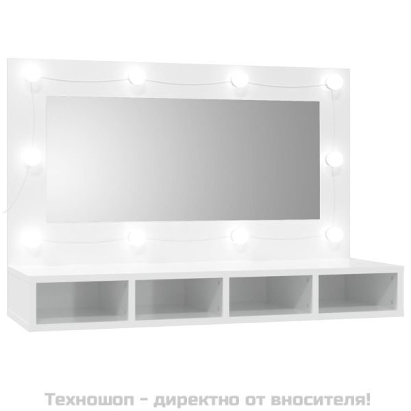 Огледален шкаф с LED, бял гланц, 90x31,5x62 см