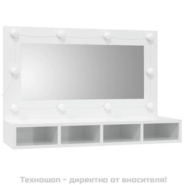 Огледален шкаф с LED, бял гланц, 90x31,5x62 см