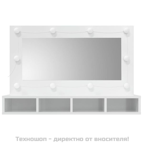 Огледален шкаф с LED, бял гланц, 90x31,5x62 см