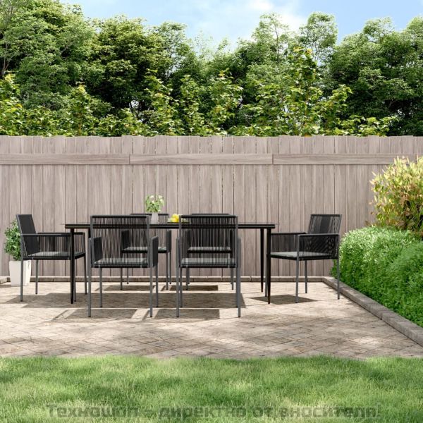 Градински комплект 7 части с подложки черен полиратан и стомана