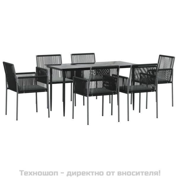 Градински комплект 7 части с подложки черен полиратан и стомана