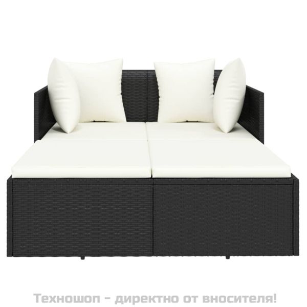 Шезлонг с възглавници, черен, 182x118x63 см, полиратан