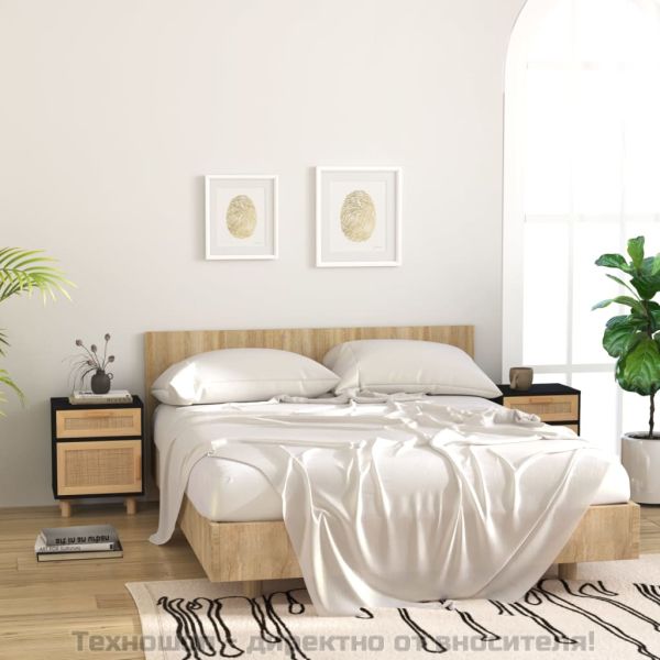 Нощно шкафче, черно, борово дърво масив и естествен ратан