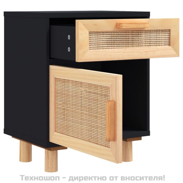 Нощно шкафче, черно, борово дърво масив и естествен ратан