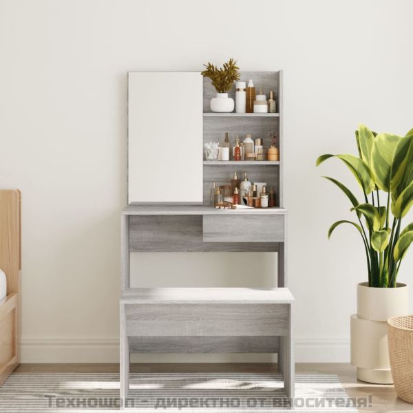 Комплект тоалетка с огледало, сив сонома, 74,5x40x141 см