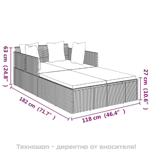 Шезлонг с възглавници, кафяв, 182x118x63 см, полиратан