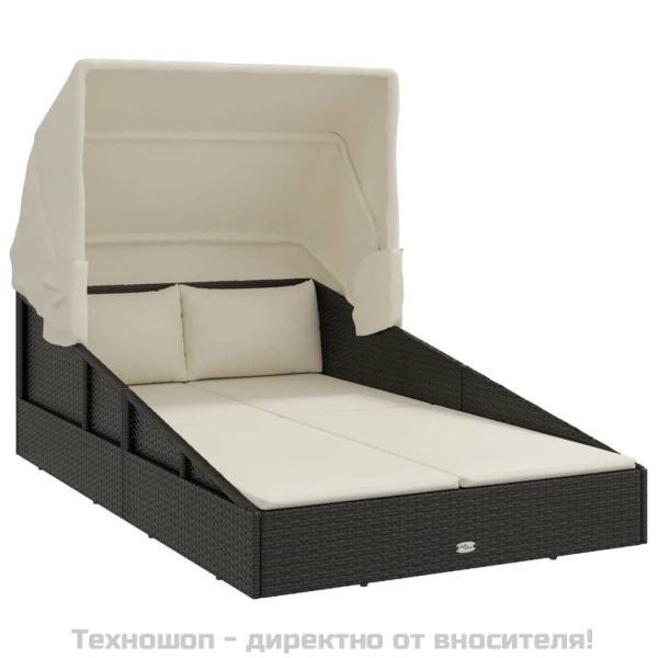 Шезлонг със сгъваем покрив, черен, 200x114x128 см, полиратан