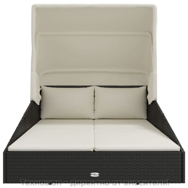 Шезлонг със сгъваем покрив, черен, 200x114x128 см, полиратан