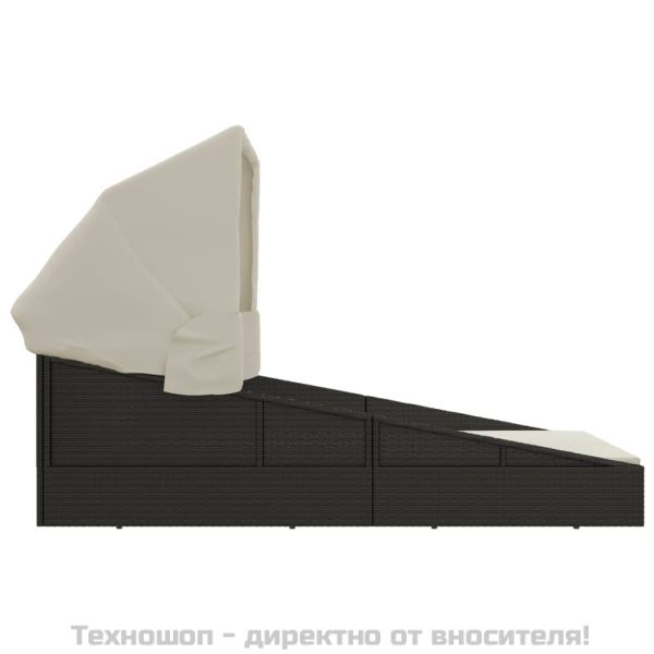 Шезлонг със сгъваем покрив, черен, 200x114x128 см, полиратан