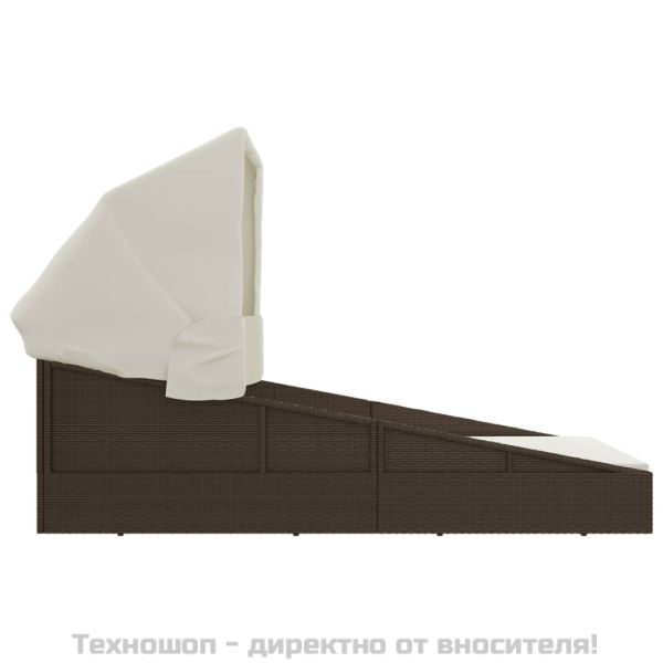 Шезлонг със сгъваем покрив, кафяв, 200x114x128 см, полиратан