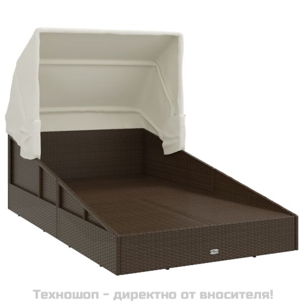 Шезлонг със сгъваем покрив, кафяв, 200x114x128 см, полиратан