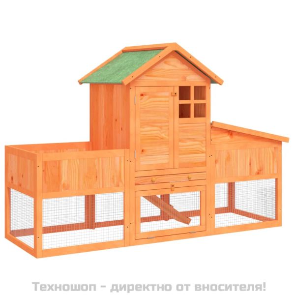 Клетка за зайци кафява 170x63x113 см борово дърво масив