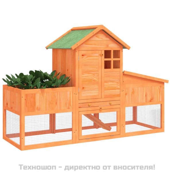 Клетка за зайци кафява 170x63x113 см борово дърво масив