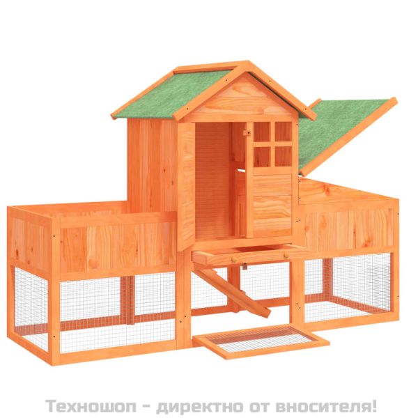 Клетка за зайци кафява 170x63x113 см борово дърво масив