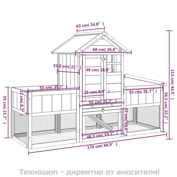 Клетка за зайци кафява 170x63x113 см борово дърво масив