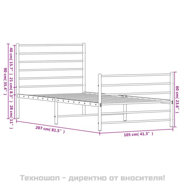 Метална рамка за легло с горна и долна табла, черна, 100x200 см