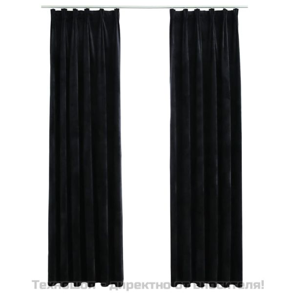 Затъмняващи завеси с куки, 2 бр, кадифе, черни, 140x225 см