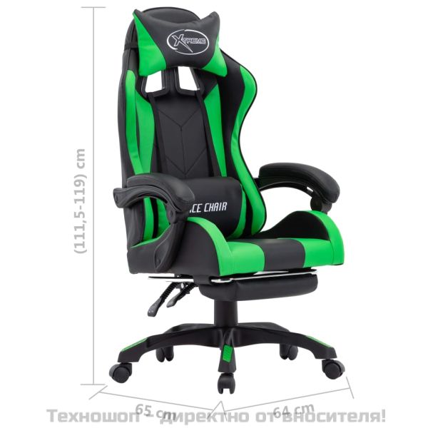 Геймърски стол с подложка за крака зелено/черно изкуствена кожа